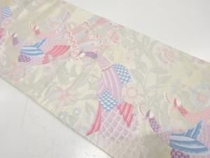 孔雀に花更紗模様織り出し　袋帯